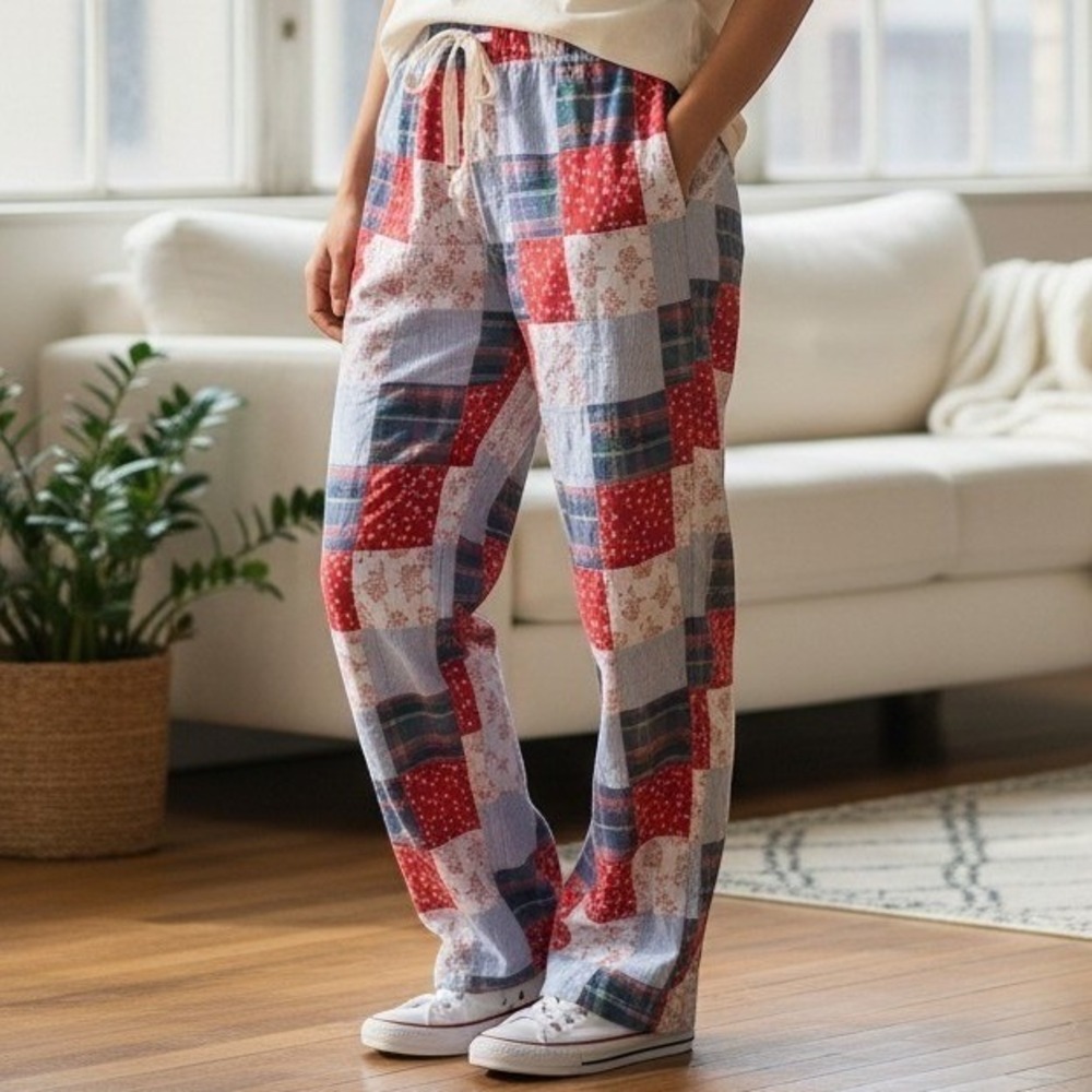Aerie Vintage Y2K Patchwork Pajama Pants Holiday Reindeer Plaid Women L Cotton